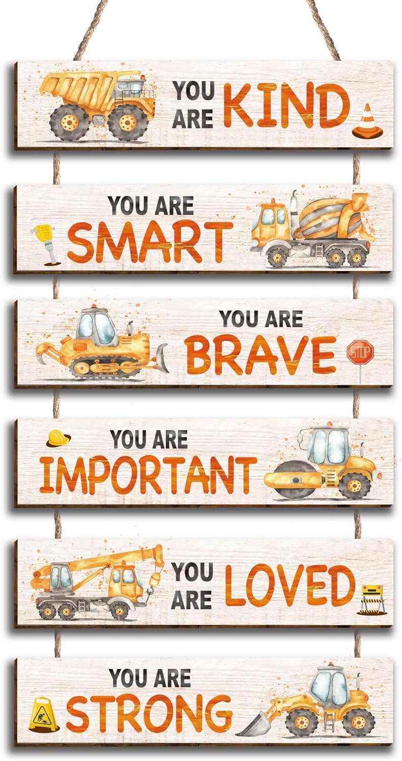HIWERAN 6 Pcs Construction Truck Decor Kids Room Decor, Construction Truck Positive Quotes Wall Art Decor Hanging Plaque Sign for Teens Bedroom Toddler Room, Works of art Made of Wood, Placards of Wood - Image 1
